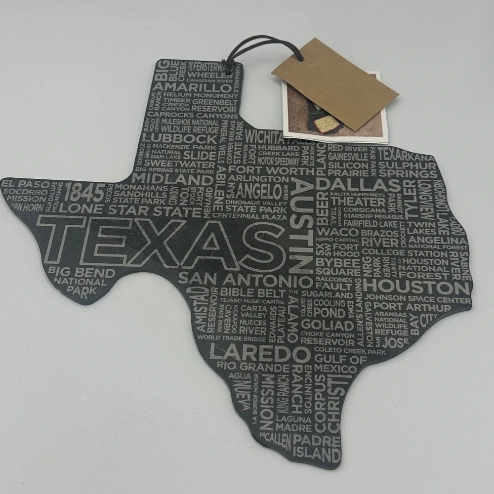 Top Shelf Living Texas Shape Slate Cheese Board Gray Etched Word Map Rustic NEW